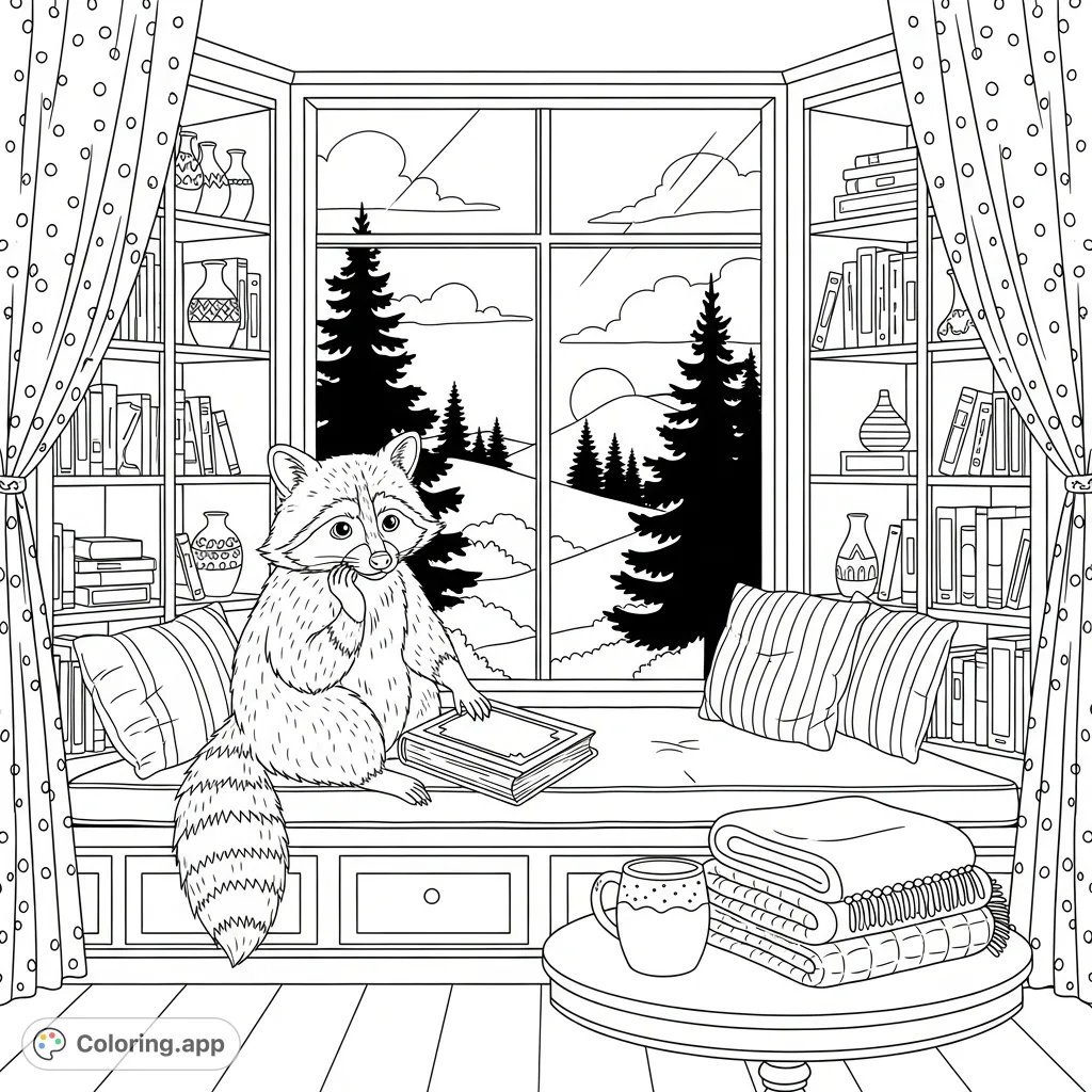 Color a thoughtful raccoon enjoying a serene evening from a cozy window seat, surrounded by books, blankets, and a bay window view. Perfect for relaxation.