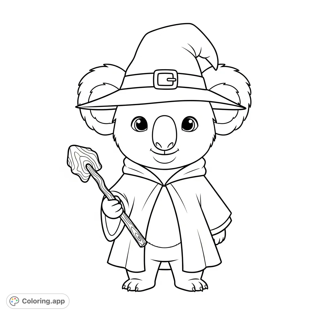 An adorable young koala wizard student, dressed in a classic hat and cloak, holding a wooden wand. A charming and calm character perfect for all ages.
