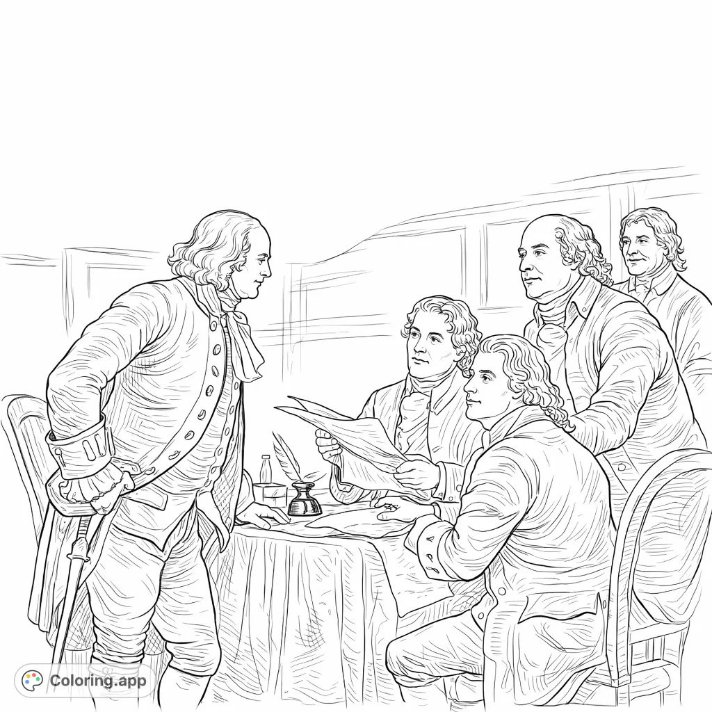 Capture a pivotal historical moment with this Founding Fathers coloring page. Several figures gather around a table, examining important documents.