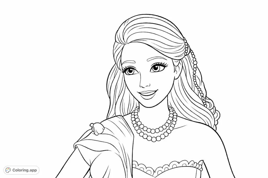 An elegant princess in a strapless gown and pearl necklace, ready for a grand event. Perfect for those who love character designs.