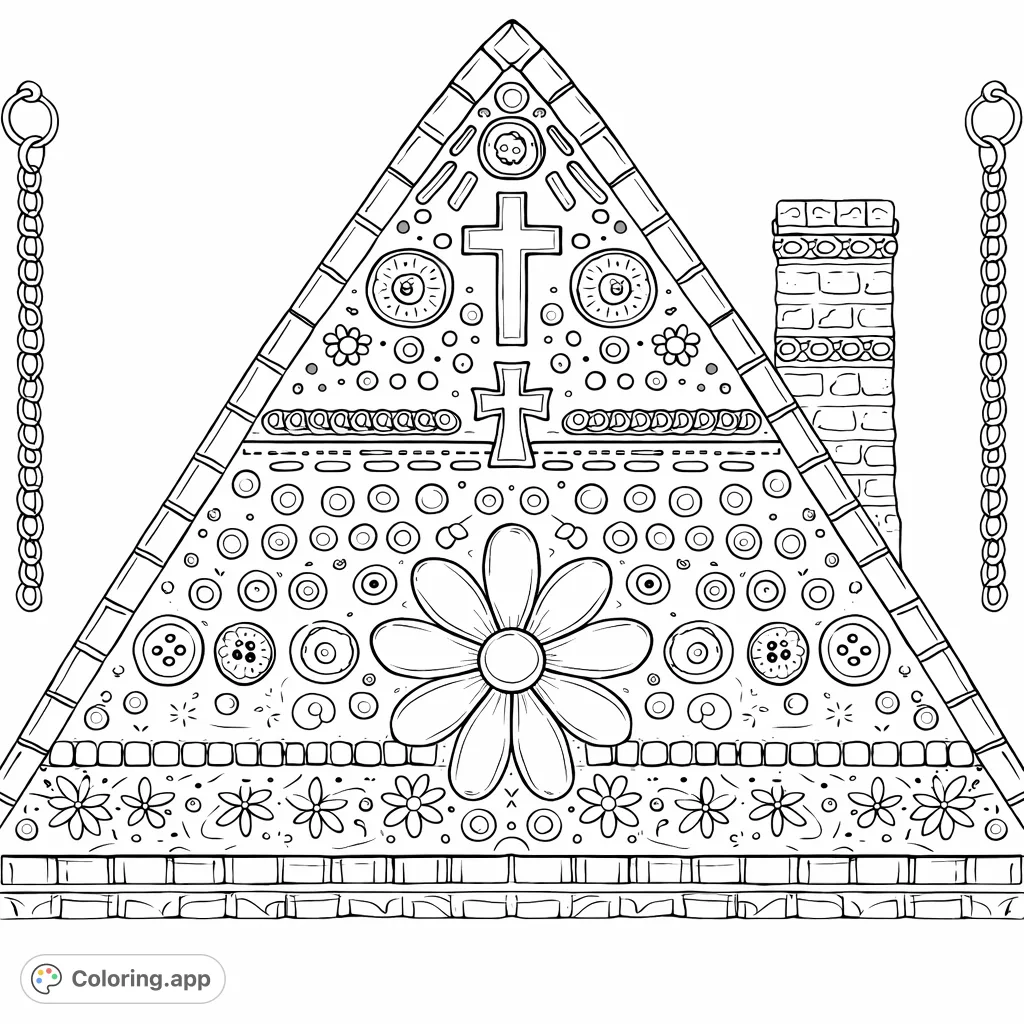 Explore a highly detailed, house-shaped decorative piece featuring intricate patterns, crosses, flowers, and buttons. Perfect for advanced colorists.