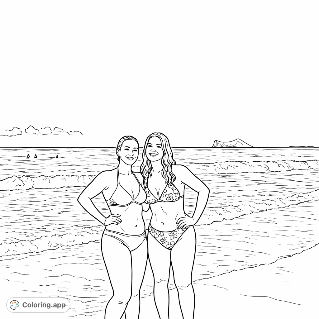 Capture the joy of friendship on a tropical beach. Two smiling women pose by gentle waves, with distant islands under a clear sky. A perfect escape.