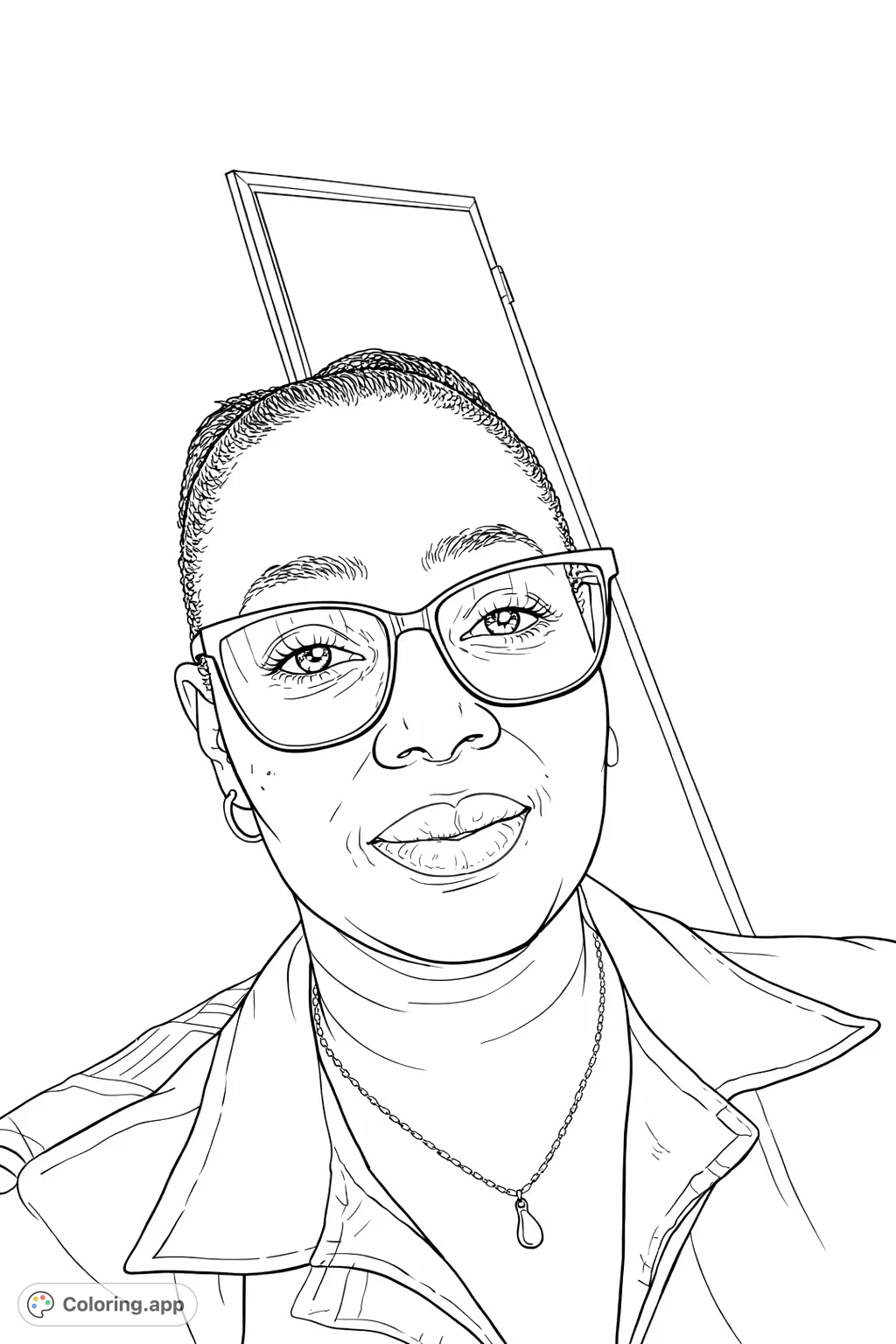 Color a captivating portrait featuring a person with unique glasses and a gentle smile, perfect for creative expression and detail.