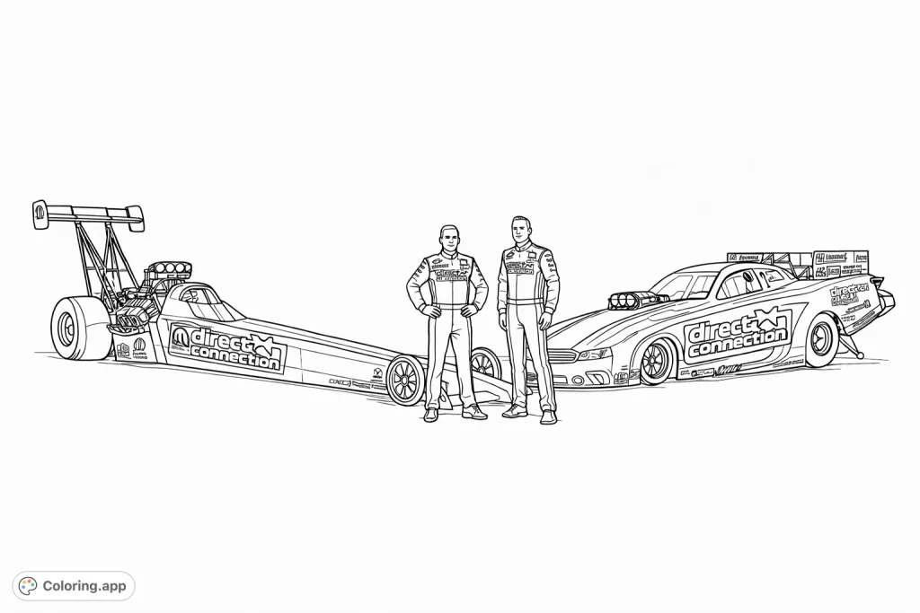 Unleash your creativity on this racing cars coloring page featuring a powerful dragster, funny car, and two skilled drivers ready for the track.
