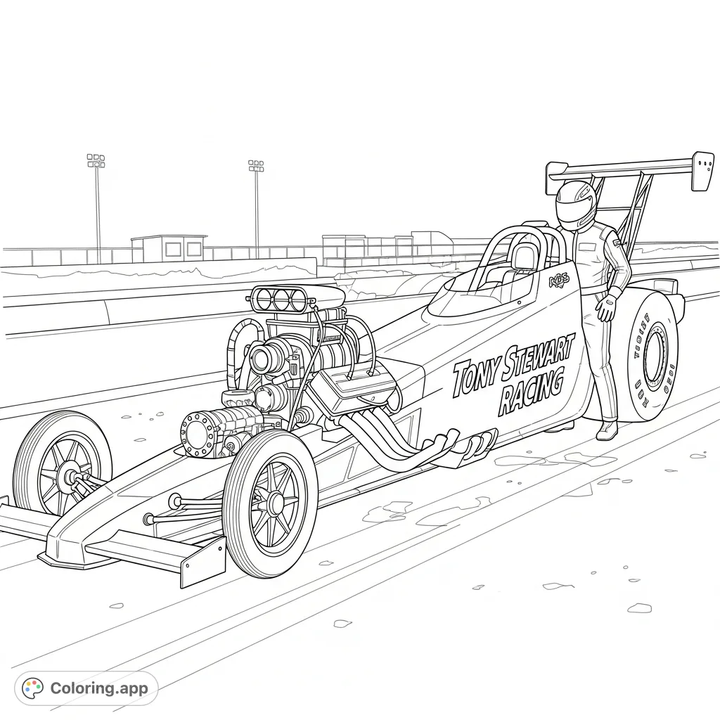 Experience the thrill of drag racing with this Tony Stewart Racing coloring page. Featuring a powerful dragster and driver, perfect for motorsports enthusiasts.