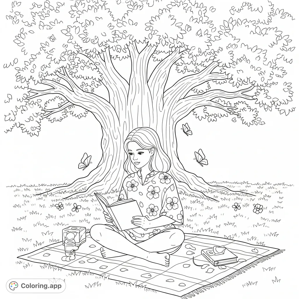 A serene girl reads under a leafy tree on a patterned picnic blanket, surrounded by fluttering butterflies. A delightful, tranquil outdoor scene.