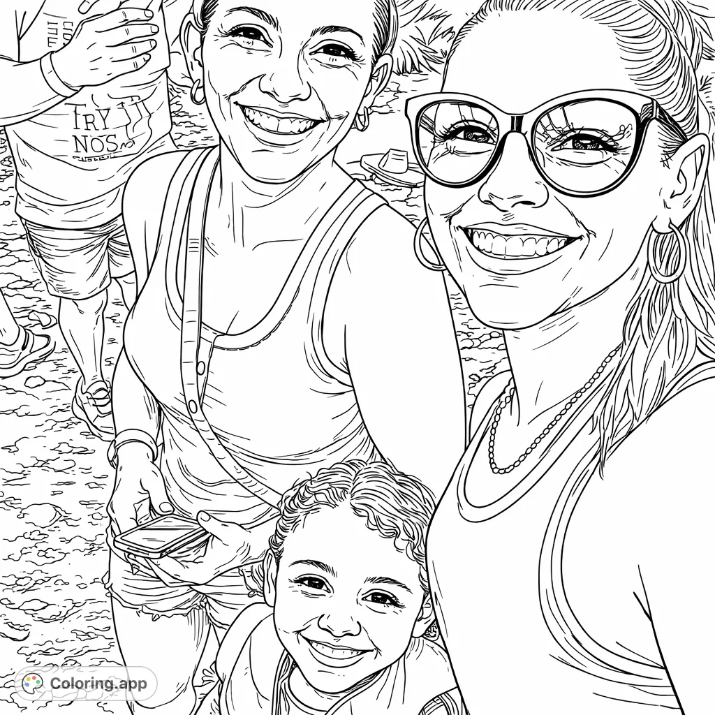 Capture a heartwarming moment with two adults and a child smiling on an outdoor adventure. A delightful family portrait coloring page.