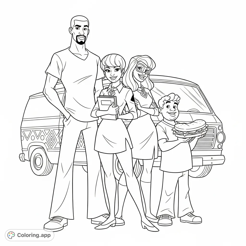 Join a dynamic team of African American-inspired mystery solvers and their unique van, ready for thrilling adventures on this free printable coloring page.