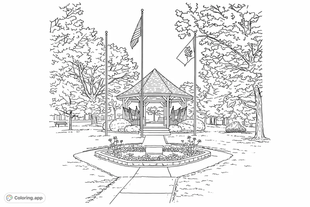 A peaceful park scene with a hexagonal gazebo, a U-shaped memorial planter, and flags. Perfect for a calming coloring experience amidst nature and remembrance.