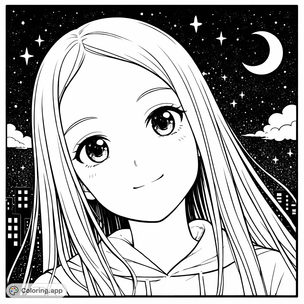 An anime-inspired portrait of a girl gazing upwards, surrounded by a minimalist futuristic cityscape and sparkling celestial elements. A free printable coloring page.