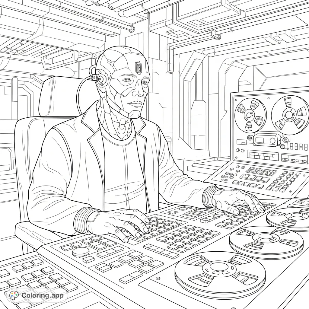 An intricate retro futuristic coloring page featuring a cybernetically enhanced human interacting with a console adorned with glow buttons and reel-to-reel drives. A data jack adds to the sci-fi detail.