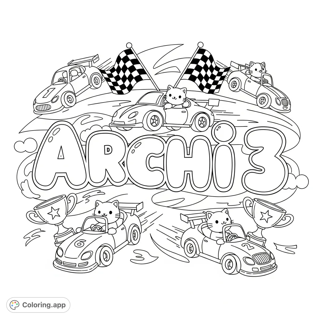Zoom into action with this Archi3 racing coloring page! Features cute bubbly letters, fast cars, checkered flags, and trophies for an exciting design.