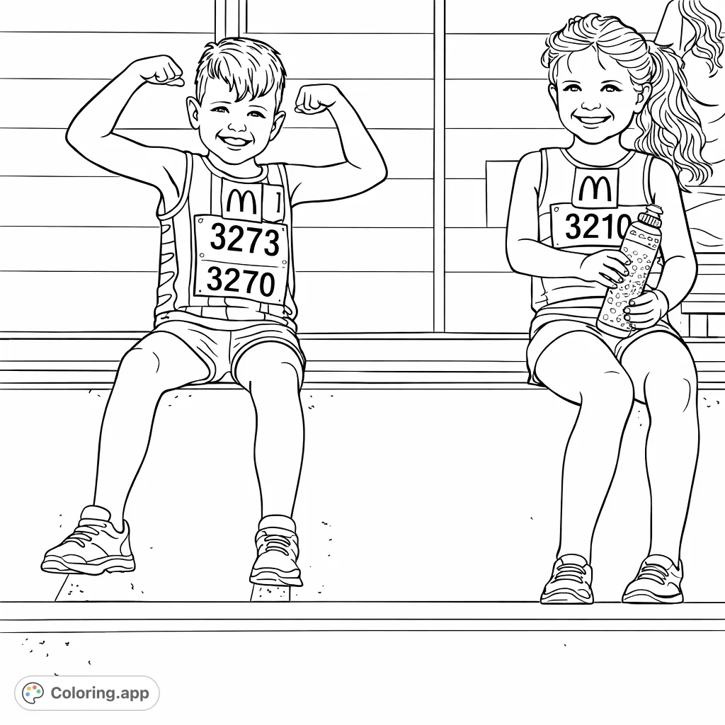 Two happy young athletes in their sports uniforms, a boy flexing and a girl holding a water bottle, celebrating their participation on a concrete ledge.