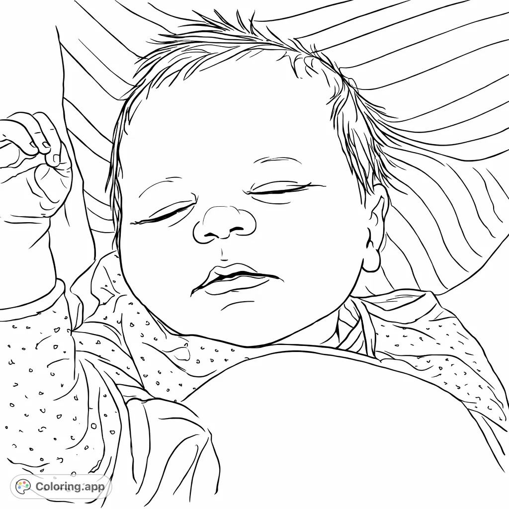 A tender coloring page featuring a peaceful newborn baby sleeping soundly amidst soft blankets and subtle patterns. Perfect for quiet artistic reflection.