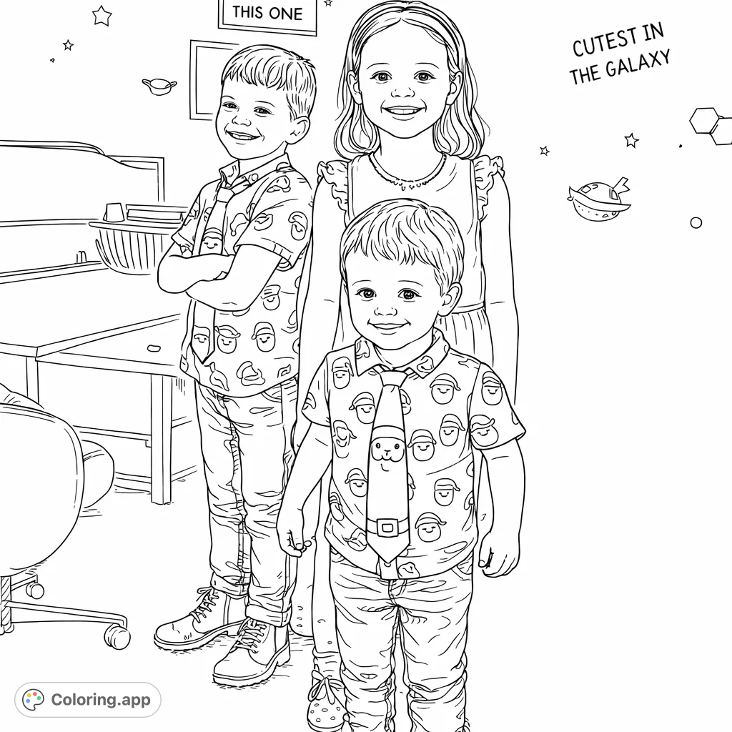 A joyful holiday scene featuring three children in festive attire, ready for coloring. Capture their happy expressions and patterned outfits.