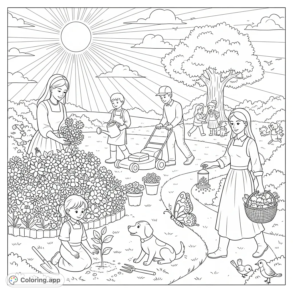 Experience a lively garden scene featuring Mary picking flowers, a boy watering plants, a gardener mowing, and children playing. A delightful free printable garden coloring page.