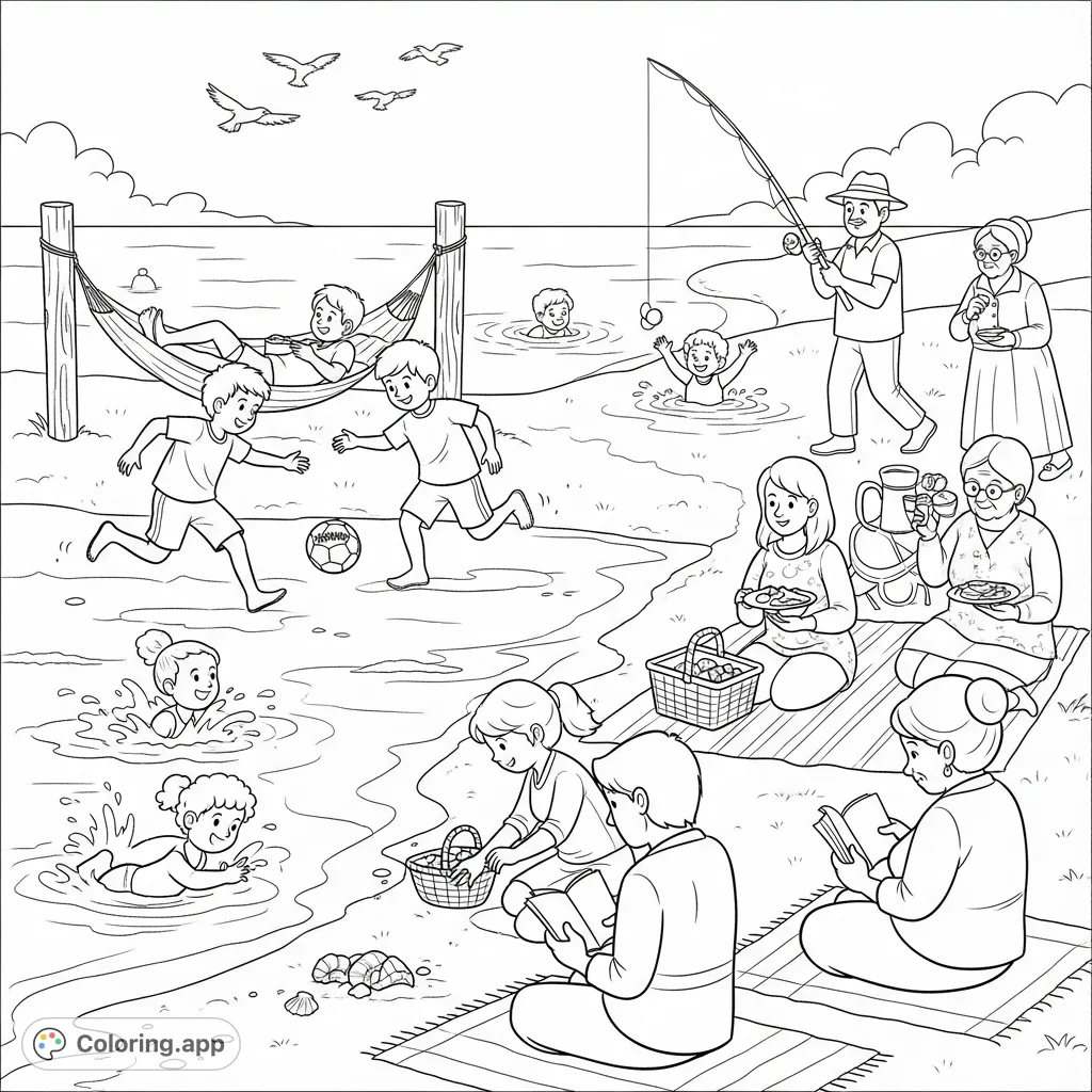 Explore a lively seaside coloring page with boys playing football, swimming, a fisherman, Ben in a hammock, Sara collecting shells, and beach walkers.
