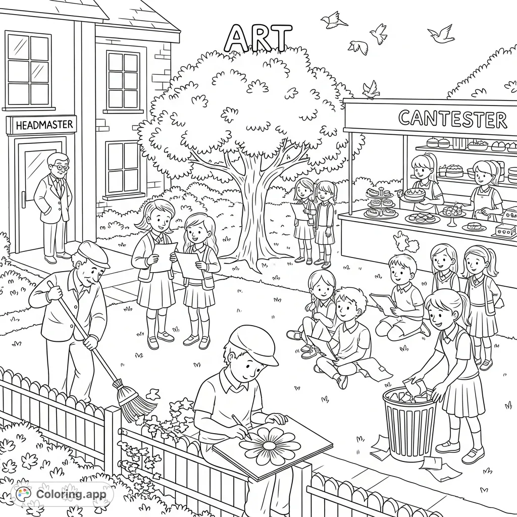A lively schoolyard scene depicting various activities during an art day, with students drawing, reciting, and enjoying treats, all under the watchful eye of the headmaster.