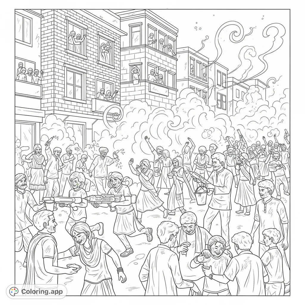 Immerse yourself in the joyful chaos of a Holi festival street scene, featuring figures laughing, chasing with water guns, and smearing 'gulal' amidst rising powder clouds and textured brick buildings.