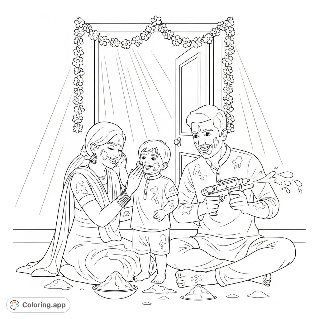 A heartwarming free printable Holi family coloring page featuring a mother, father, and child engaged in playful powder and water fun, perfect for festive joy.