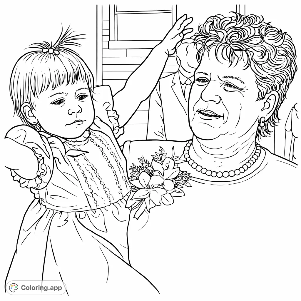 Capture a heartwarming family moment with this intergenerational portrait. A caring adult holds a joyful child, featuring a dress with lace details and pearl accessories.