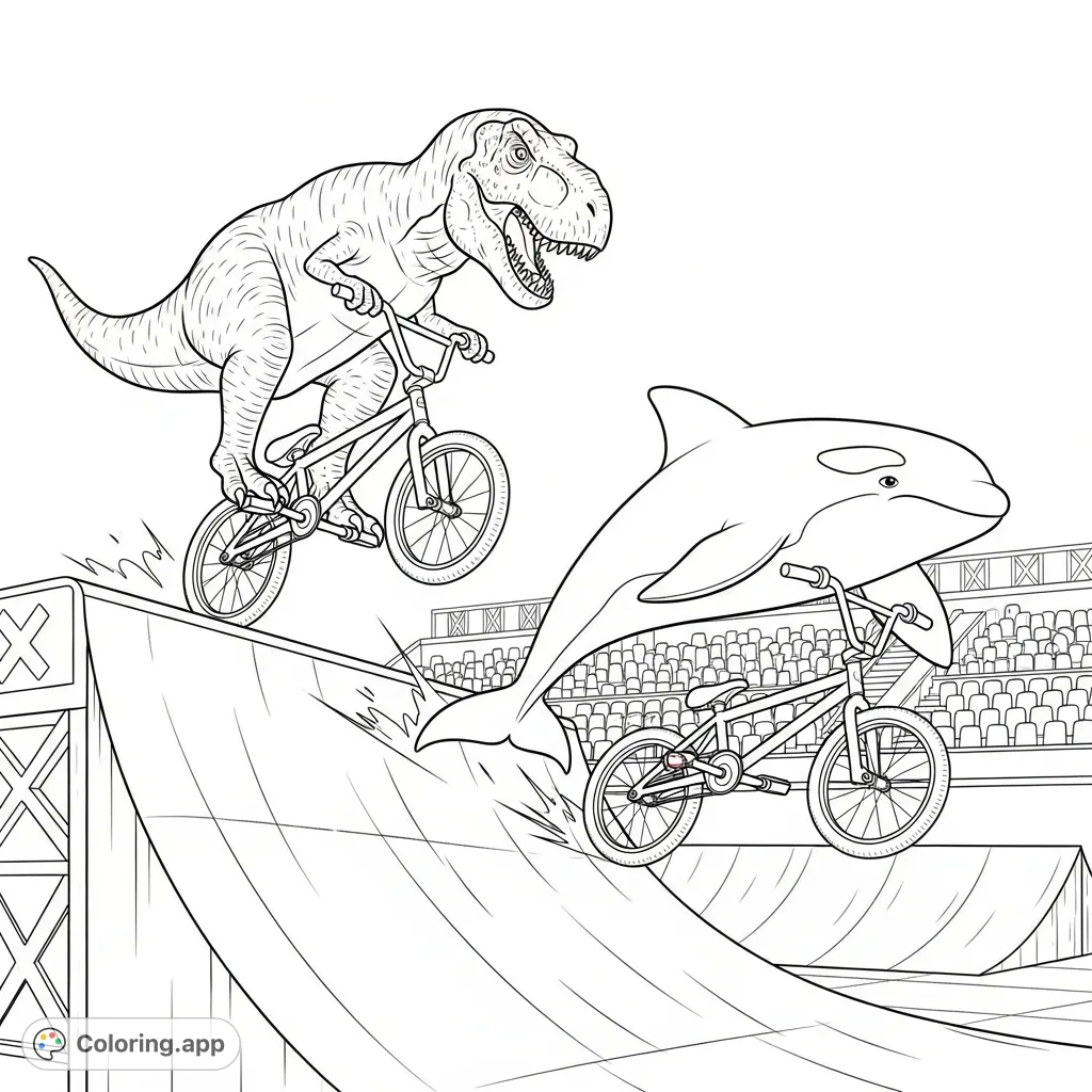 Witness an epic X-games showdown! A T-rex and killer whale defy expectations, riding BMX bikes through a dynamic half-pipe. Unleash your creativity!