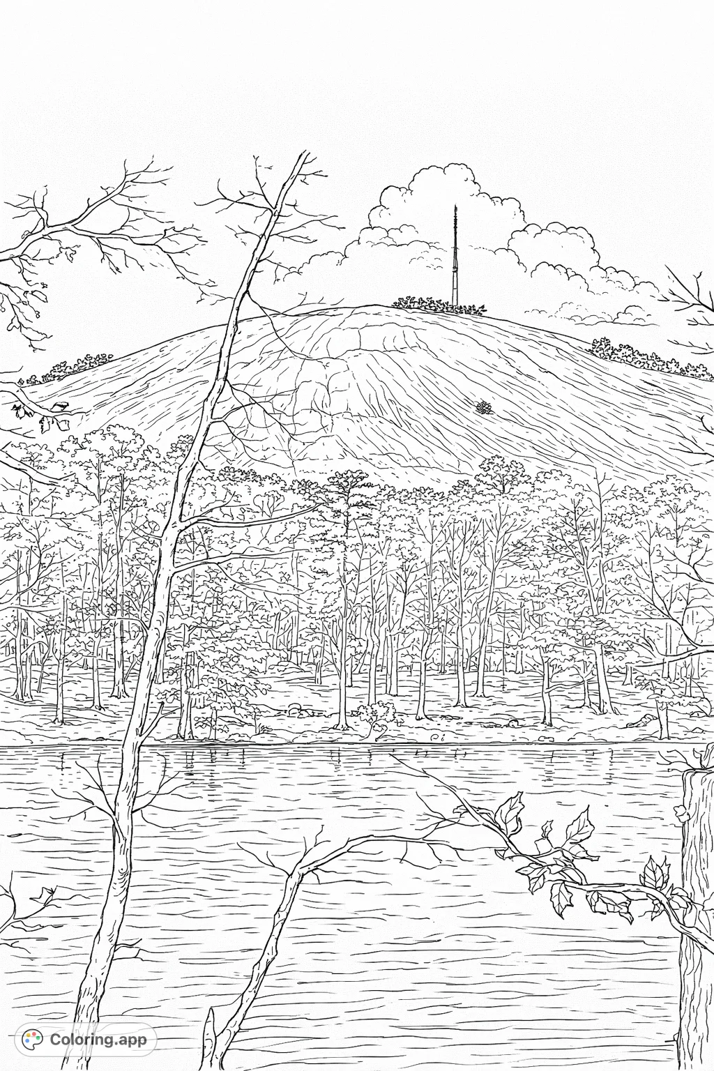 Discover a tranquil mountain lake vista. This intricate coloring page features a grand mountain, serene water, and detailed trees for a relaxing escape.