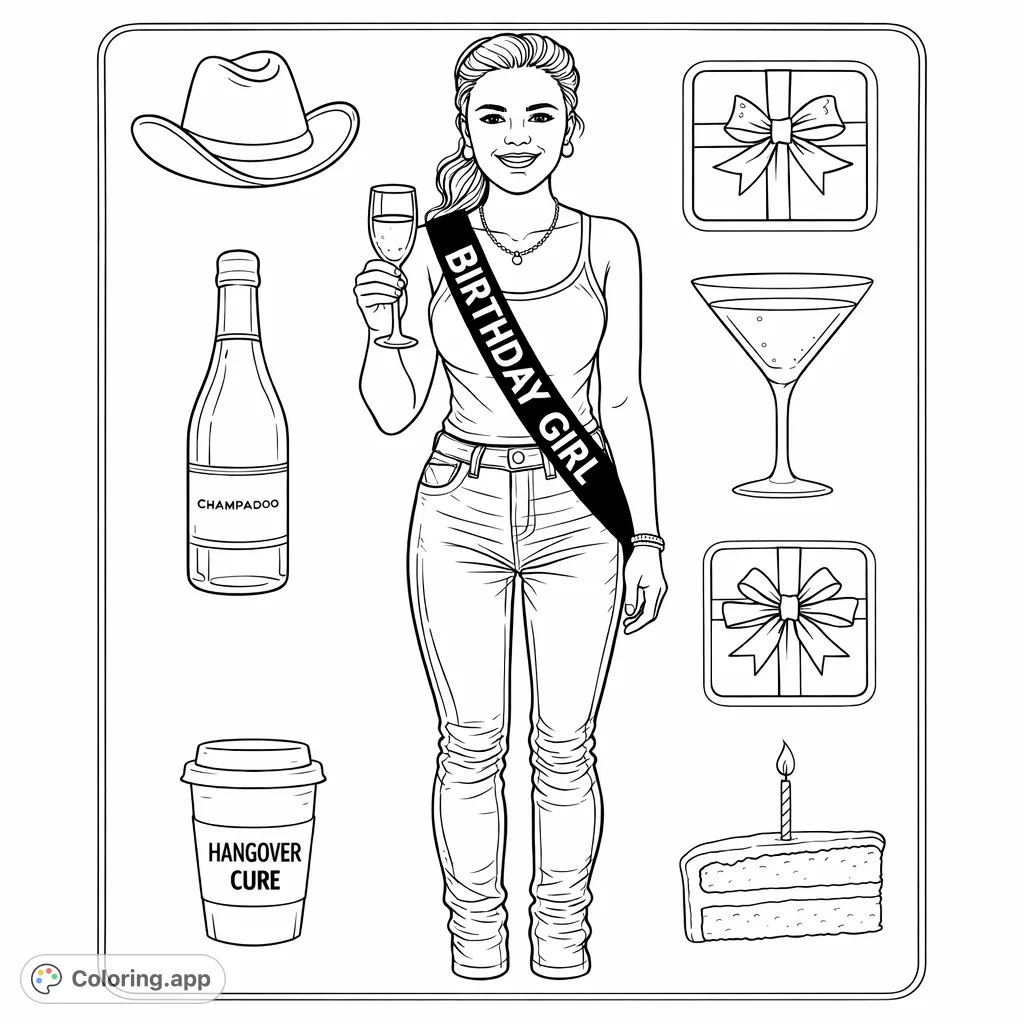 A fun birthday celebration layout featuring a central figure, a "Birthday Girl" sash, champagne, gifts, and cake, all arranged in a playful package design.