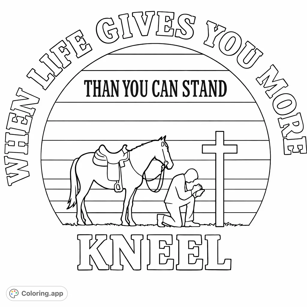 Inspiring western scene with a cowboy kneeling before a cross, alongside his horse, set against a striped backdrop. A powerful symbol of faith.