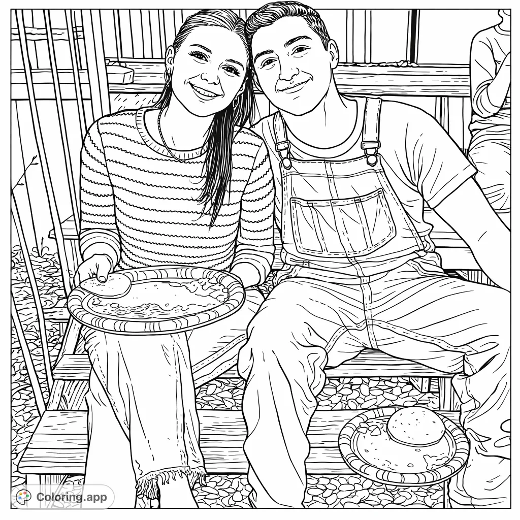 Two smiling individuals share a meal on rustic wooden steps, enjoying a casual outdoor gathering with food and good company.