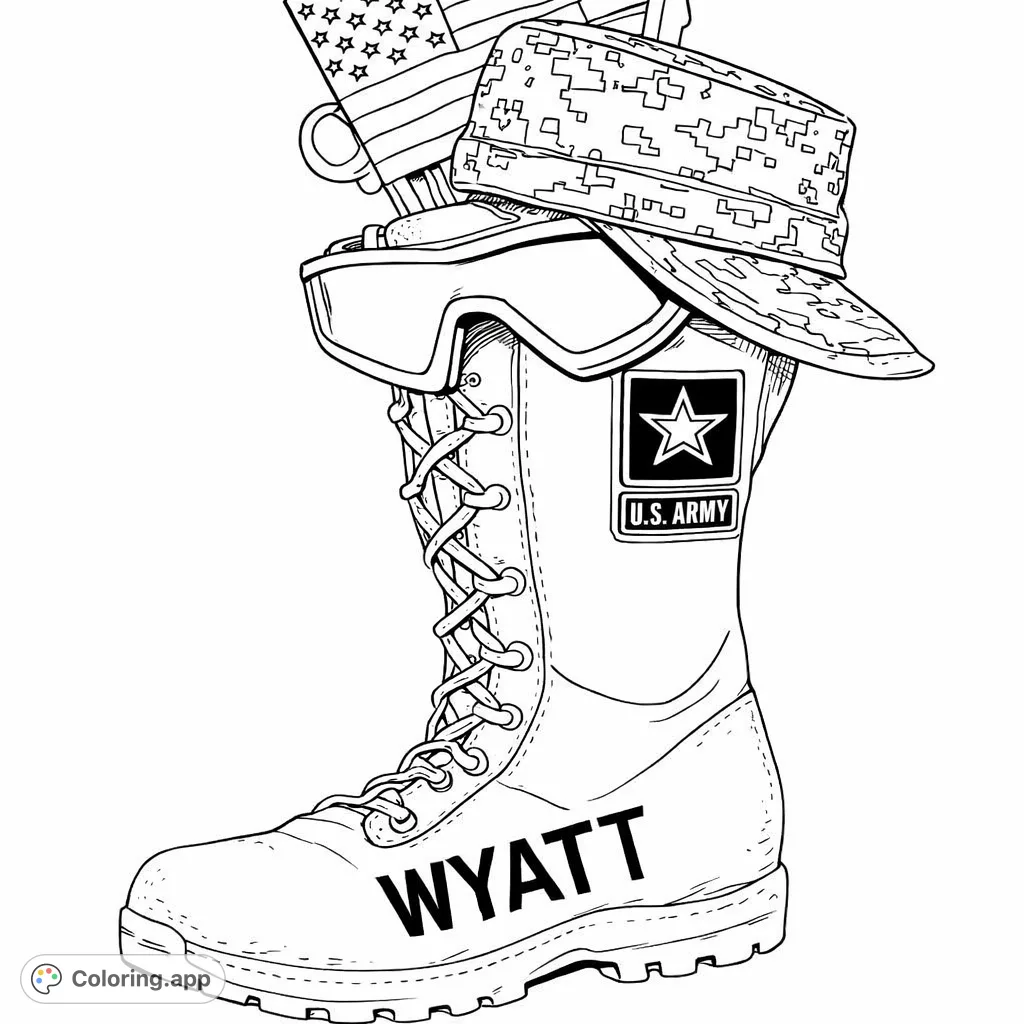 Honor our service members with this detailed military tribute coloring page featuring a combat boot, camouflage hat, goggles, and the American flag.