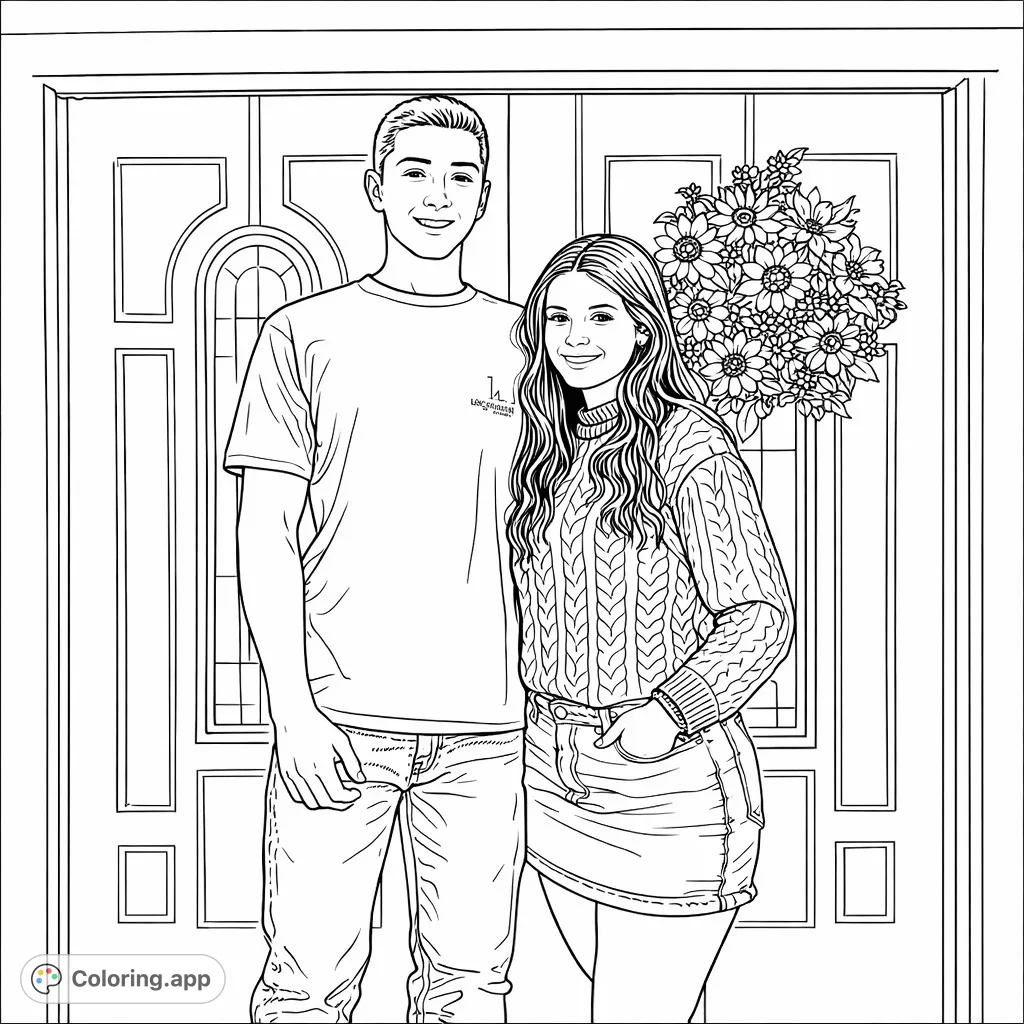 A cheerful coloring page featuring two smiling individuals standing in front of a detailed double door adorned with a festive autumn wreath.