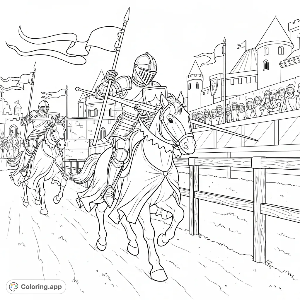 A thrilling jousting knight coloring page features armored knights, helmets, and banners in a medieval tournament. Perfect for all ages.