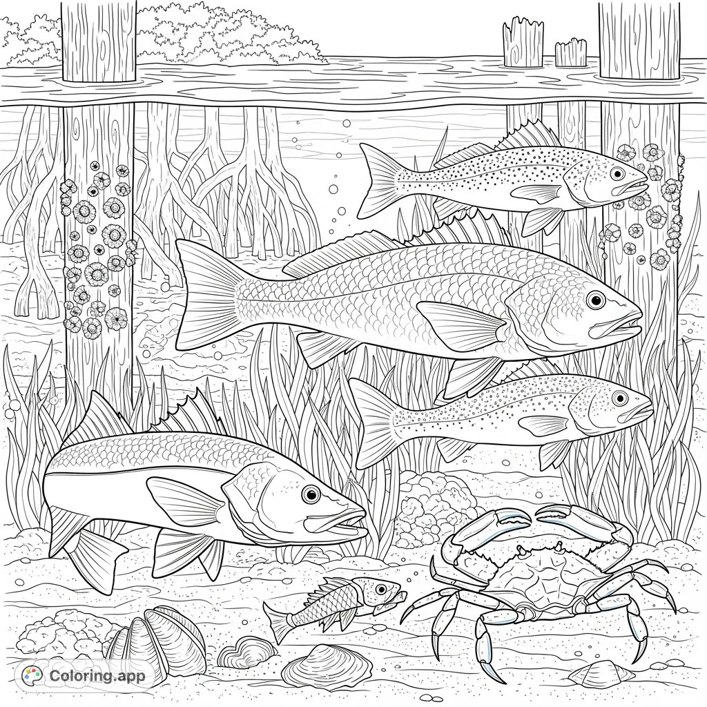 Dive into the Indian River Lagoon! This detailed coloring page features Redfish, Snook, and Trout, an attacking Snook, a blue crab, and sea grass near an old Florida shoreline.