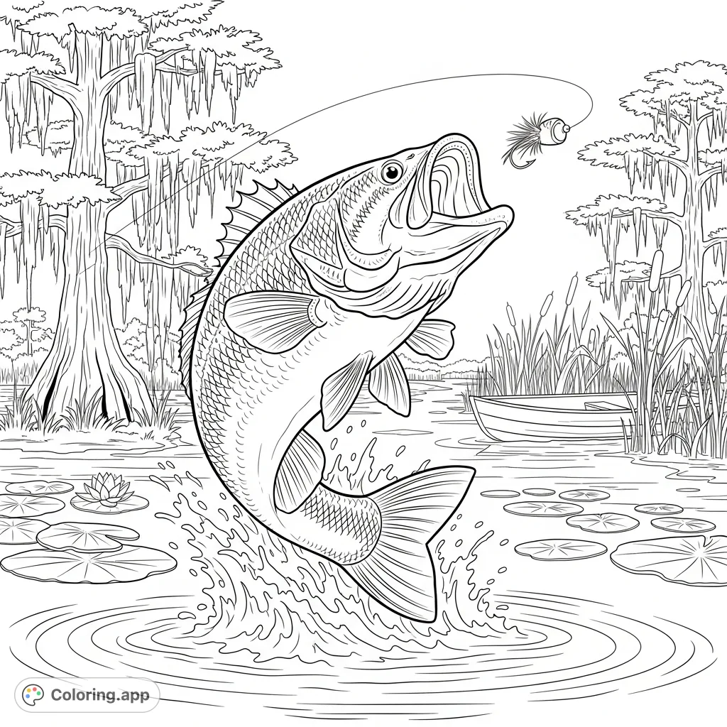 Capture the thrill of a largemouth bass leaping from a tranquil Florida river, striking a popper fly amidst cypress trees and lily pads.