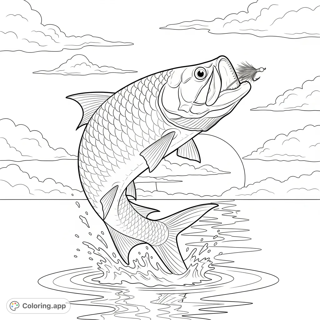 Experience the thrill of a jumping tarpon with a fly in its mouth, silhouetted against a dramatic horizon. A detailed scene for nature lovers.