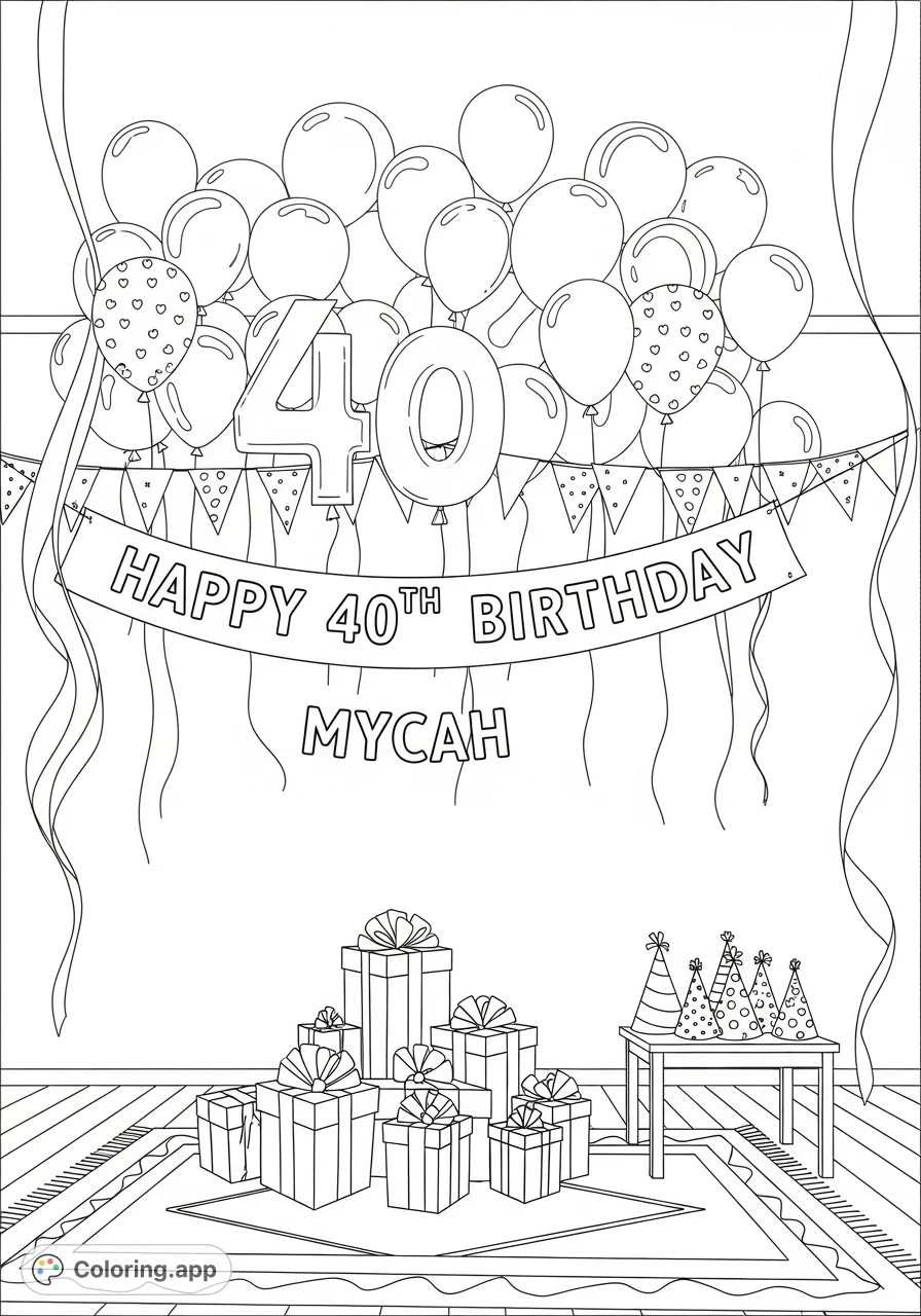 A vibrant room set for a 40th birthday party, featuring balloons, streamers, a personalized banner, presents, and party accessories.