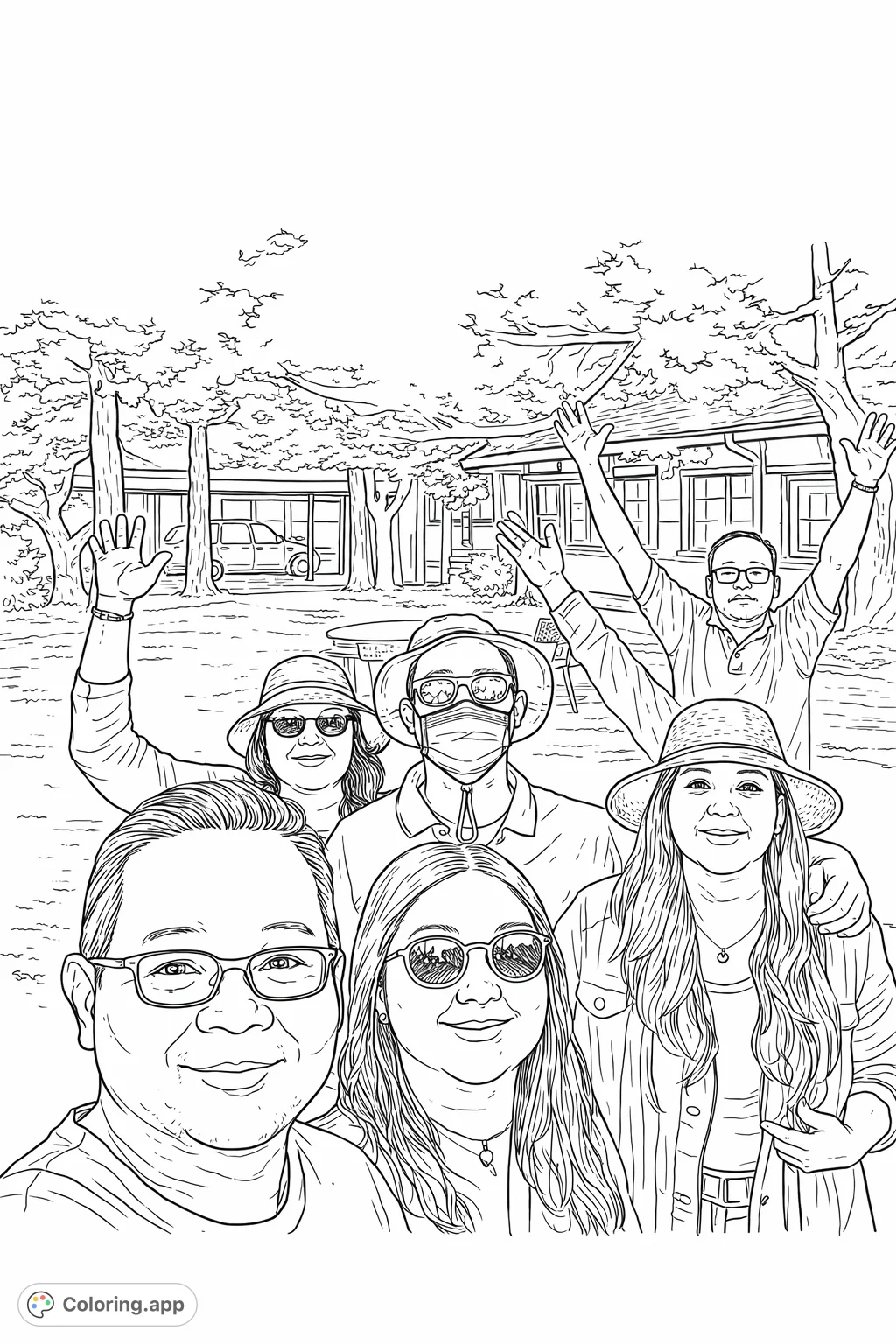 A cheerful group portrait of six individuals enjoying an outdoor setting with trees, a rustic building, and a classic car in the background. A delightful family and friends coloring page.