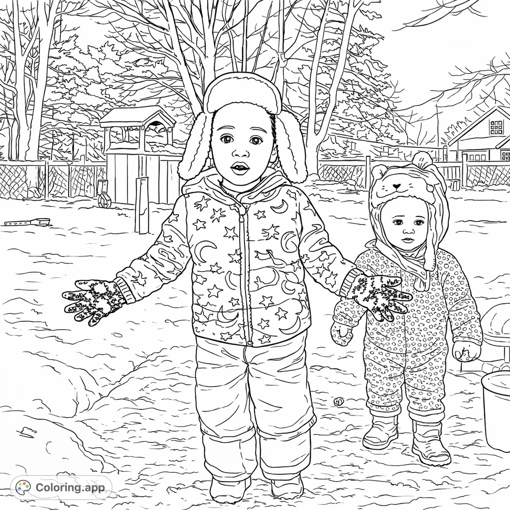 Two children in cozy winter gear stand in a snow-covered backyard, ready for a playful winter day. A heartwarming scene perfect for a cozy coloring session.