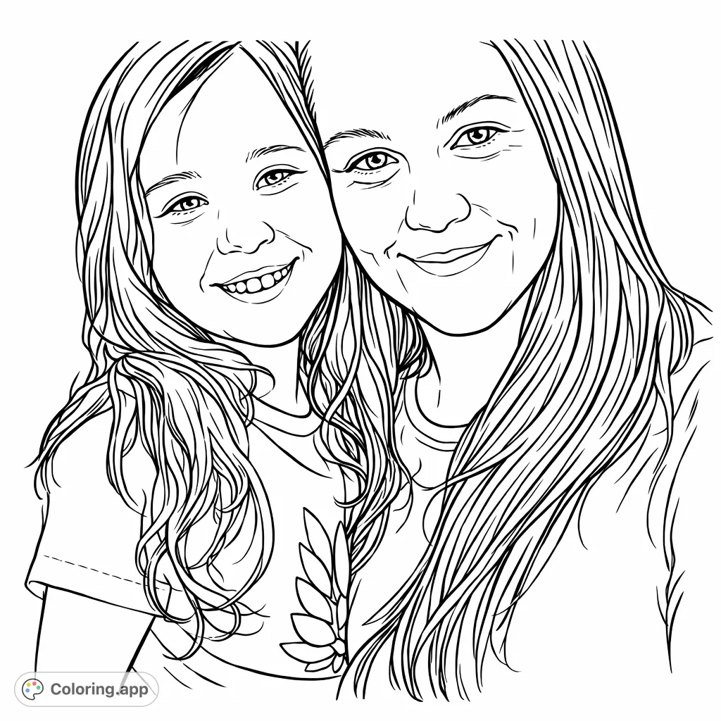 A heartwarming mother and daughter coloring page captures their joyful smiles and close bond, perfect for expressing familial love. Free printable coloring page for all ages.