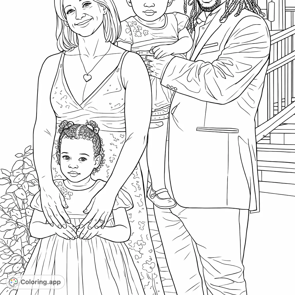 A heartwarming family portrait featuring two adults and two children, ready for a personal touch of creativity. Celebrate togetherness and warmth with this charming scene.