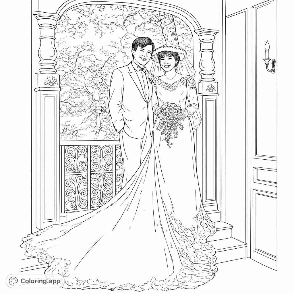 An elegant couple in wedding attire stands before a picturesque archway with a natural landscape and intricate railing. Perfect for celebrating special moments.