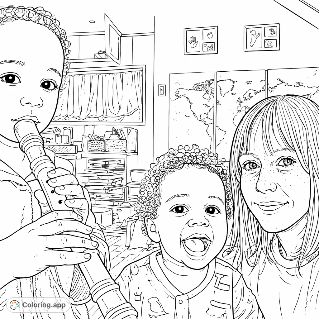 A heartwarming family moment with an older child playing a recorder, a joyful toddler, and a smiling adult, set in a cozy home.