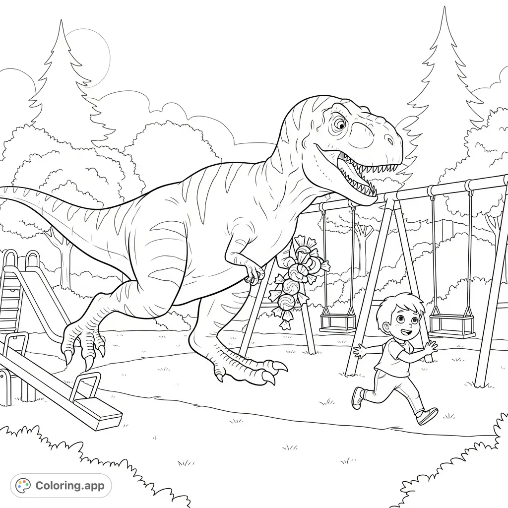 Experience a thrilling night park adventure with a candy-clutching dinosaur chasing a child. A fun, free printable coloring page for all ages!