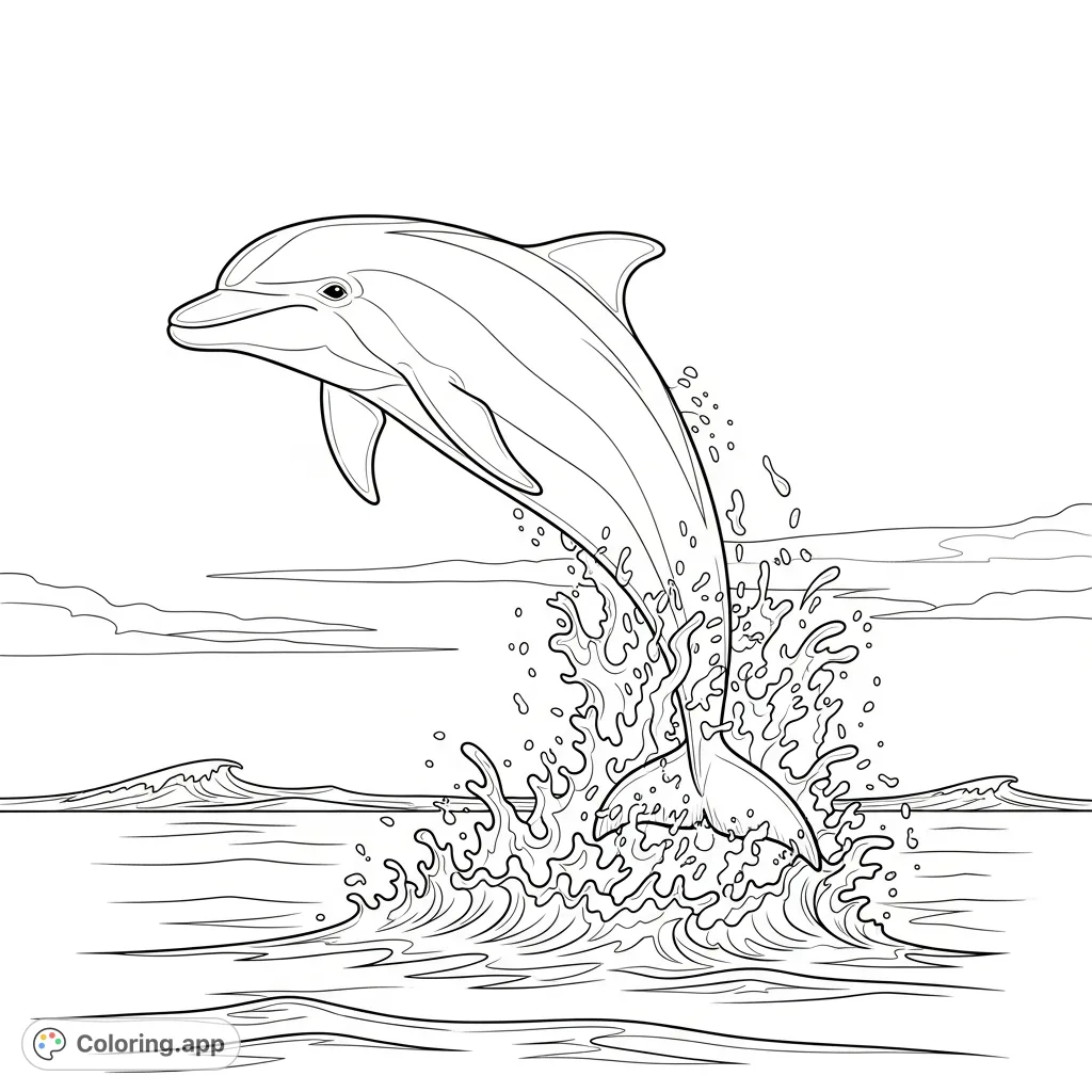 A majestic, graceful dolphin leaps from the ocean, captured mid-air with dynamic water splashes. This delightful scene offers a captivating and serene coloring experience.