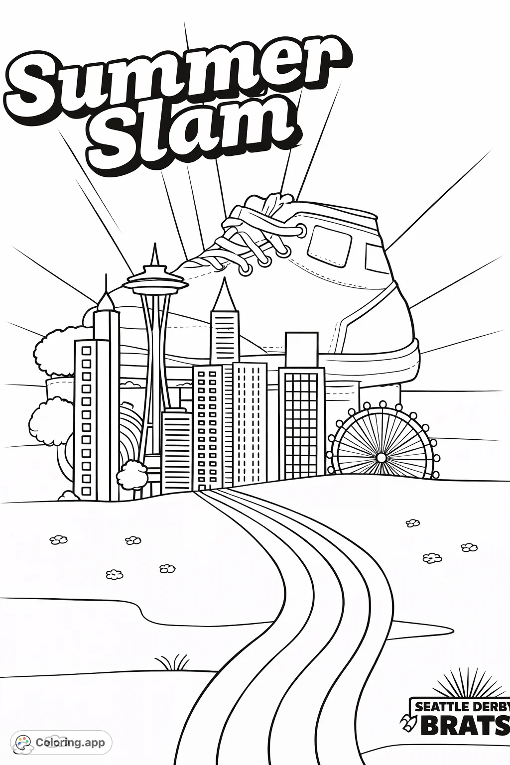 Skate into a vibrant cityscape adventure! This page features a giant roller skate, iconic buildings, a Ferris wheel, and a rainbow path winding through rolling hills.