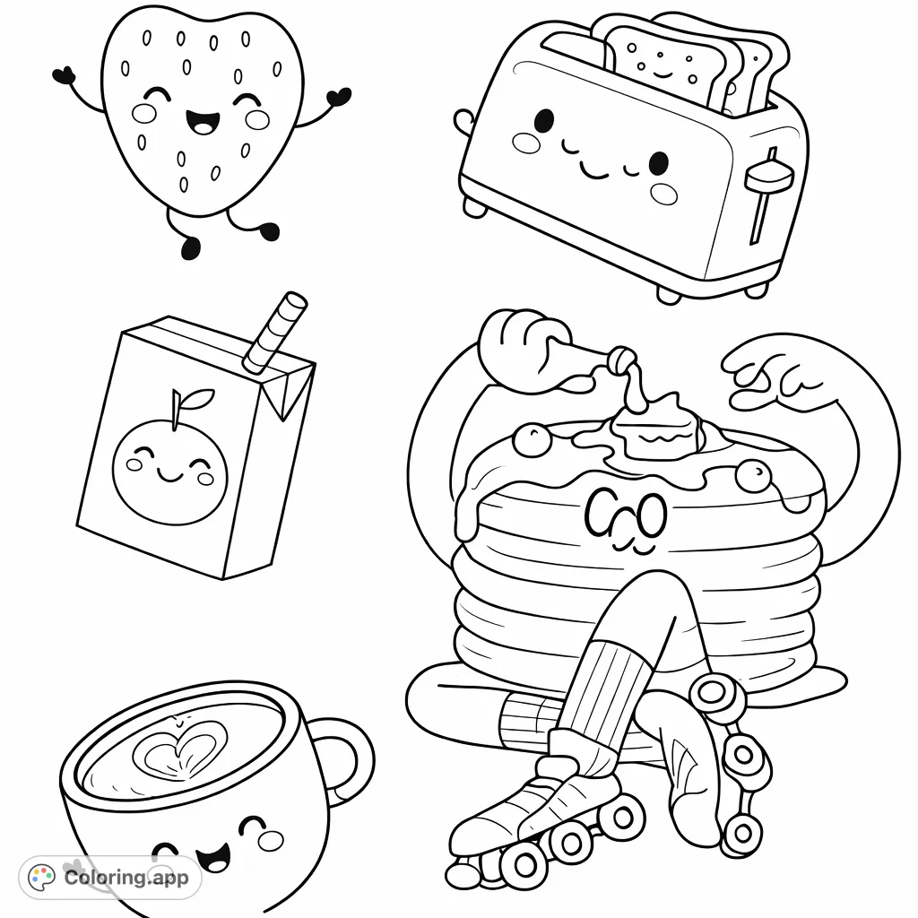 Delightful breakfast food characters: a happy strawberry, smiling toaster, juice box, pancake stack on skates, and a cheerful coffee mug. A cute, fun coloring adventure!