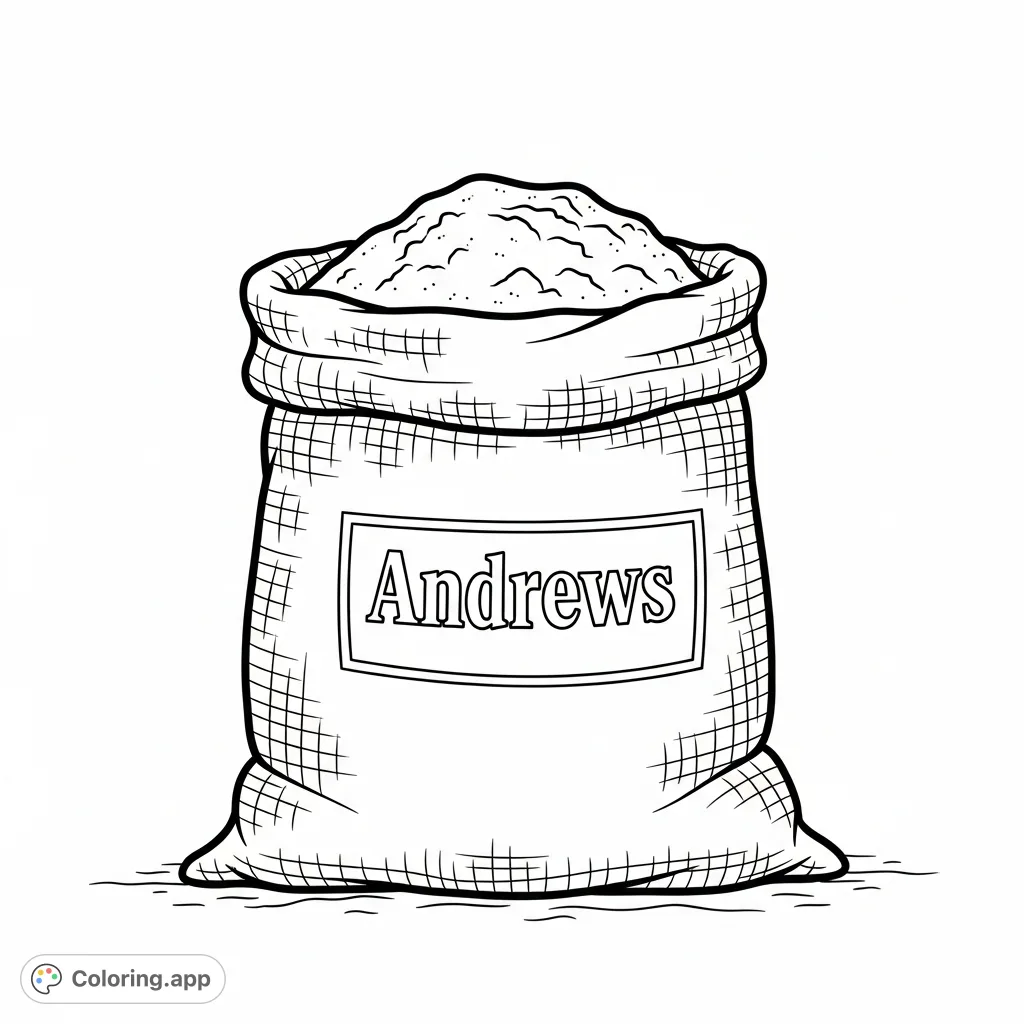 Color a classic flour sack with the 'Andrews' label. This simple yet charming design offers a delightful experience for all ages. Perfect for a relaxing creative session.