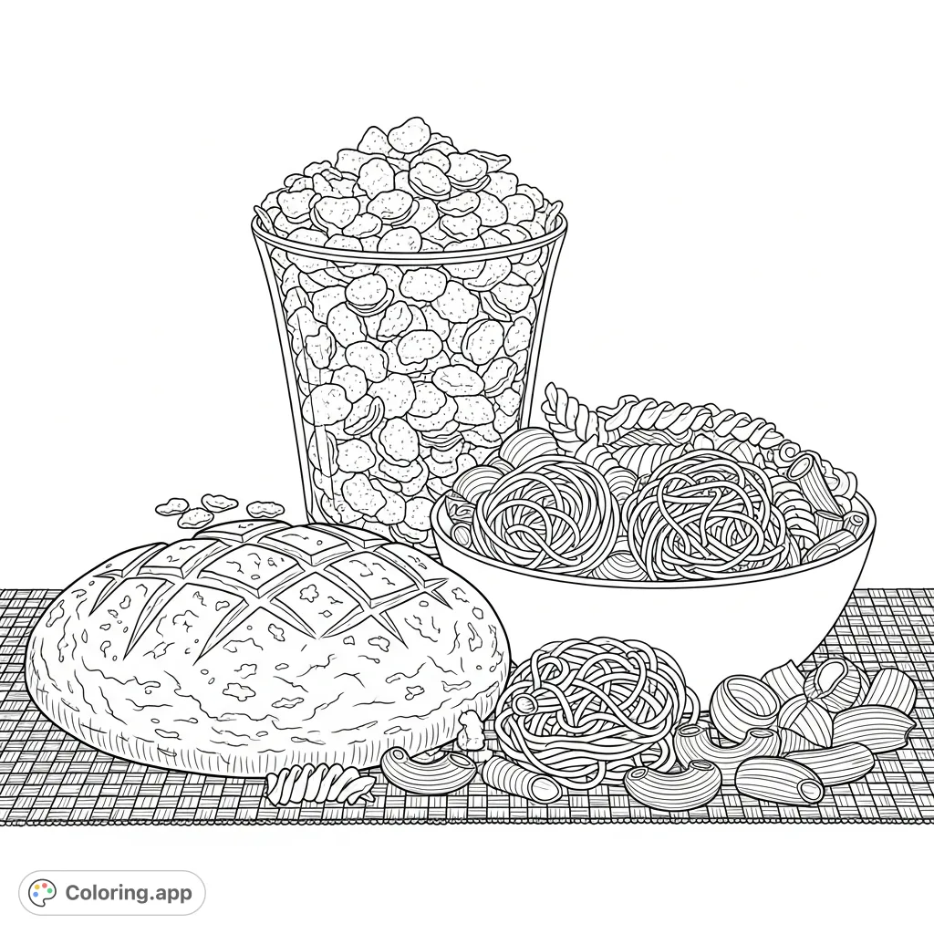 Explore the comforting world of staple foods! This detailed coloring page features a rustic bread loaf, a bowl of diverse pasta shapes, and a tall bowl of cereal flakes.
