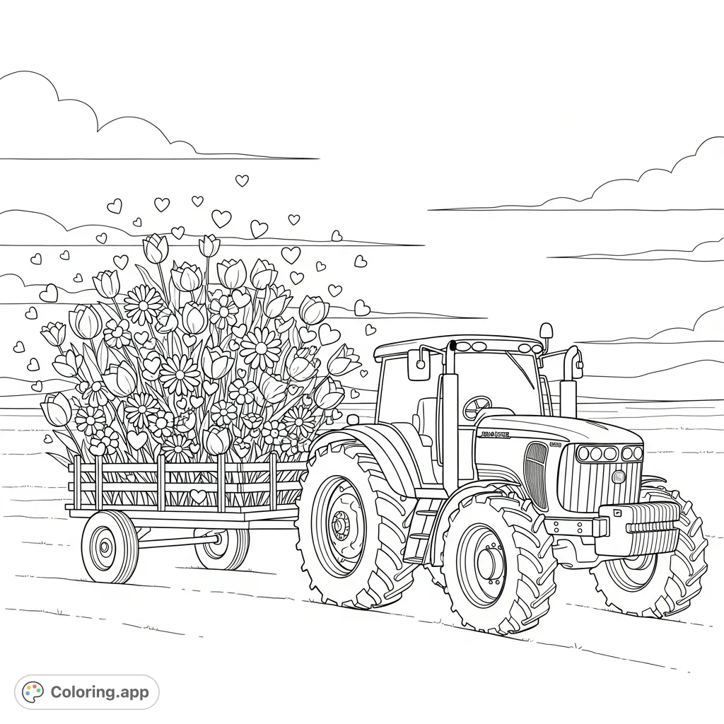A charming John Deere tractor pulls a wagon overflowing with beautiful flowers and whimsical hearts across a field. A delightful farm scene awaits your colors!